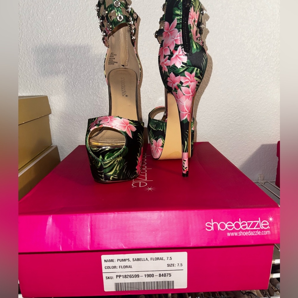 Shoe Dazzle Pink and Green Floral Heels